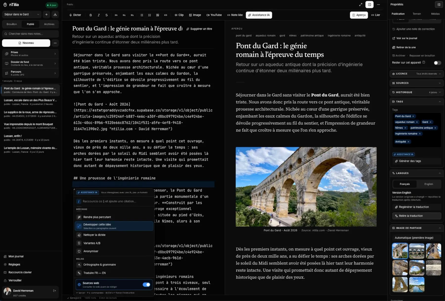 nTilia en mode sombre : éditeur Markdown d’un carnet de terrain avec le menu d’assistance IA ouvert, l’aperçu de l’article et l’inspecteur de publication.