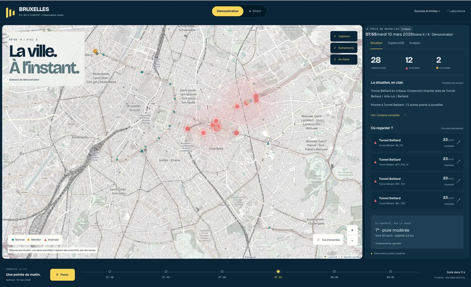 Bruxelles : La ville à l’instant, carte et observatoire urbain en temps réel.