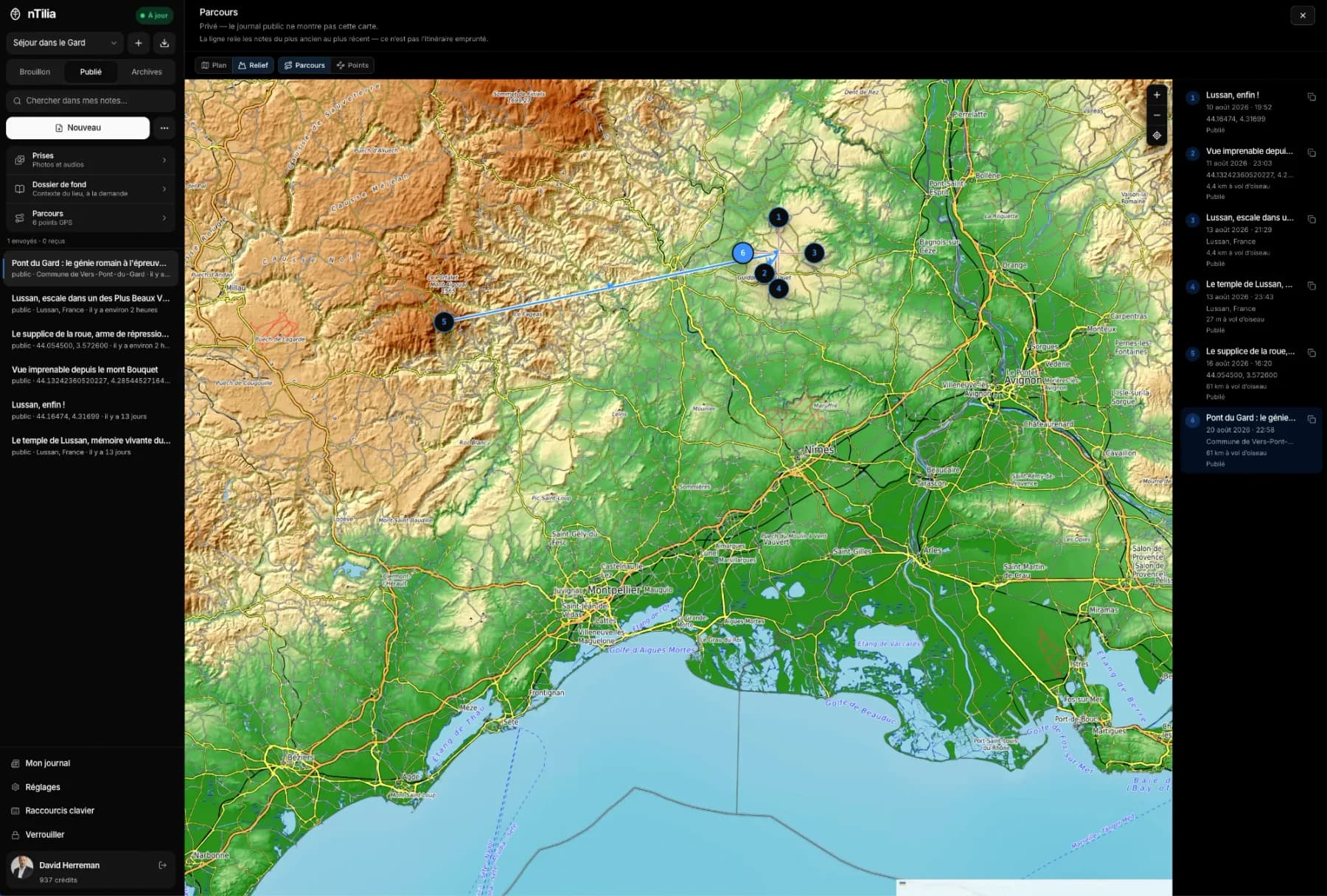 nTilia : carte privée du parcours d’une mission avec les notes géolocalisées.