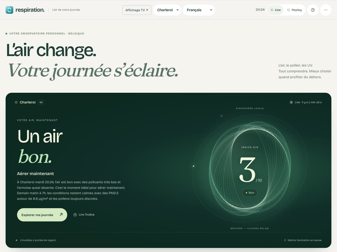 Respiration : héros du bulletin, indice d’air et mention « Un air bon ».